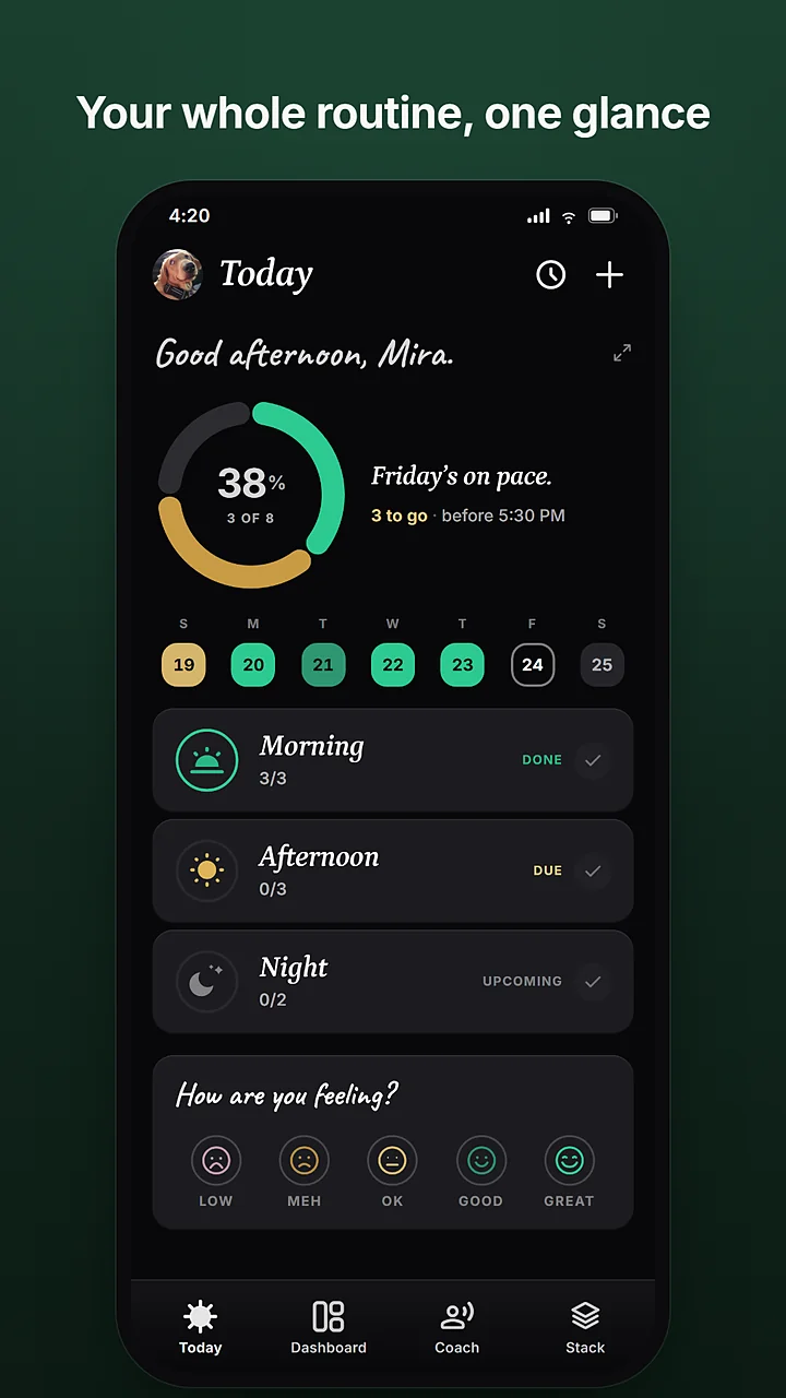 Pavelo's Today screen: the day's ring at 38 percent, morning done, afternoon due, and a mood check-in. Captioned: your whole routine, one glance