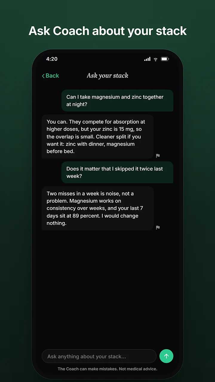 Coach chat answering a question about magnesium and zinc using the reader's own doses. Captioned: ask Coach about your stack