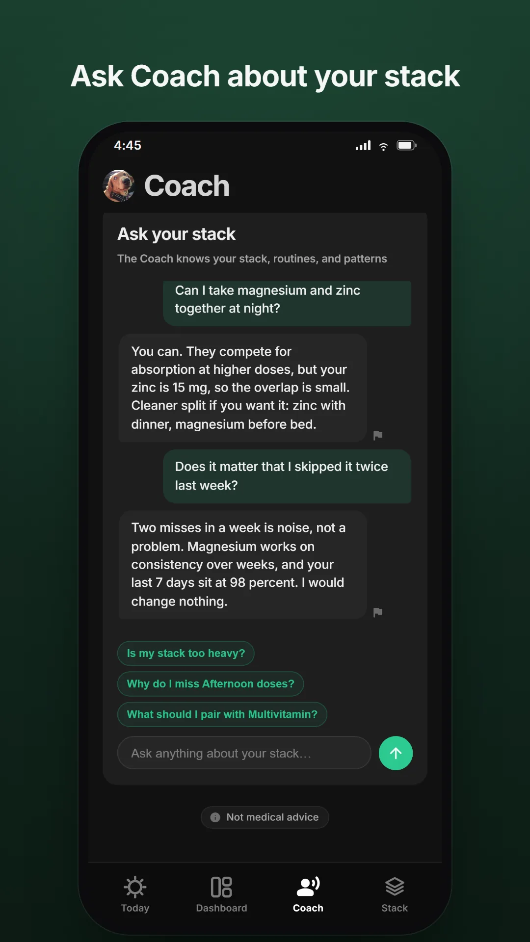 Pavelo Coach chat answering questions about the user's own stack